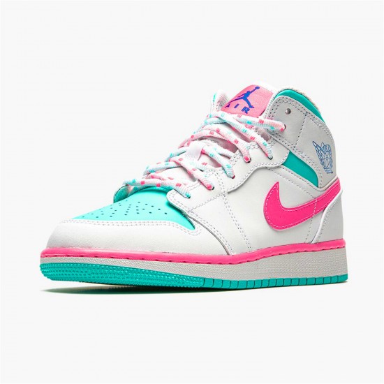 Jordan 1 Mid White Pink Green Soar 555112-102 Hvid/Digital Lyserød-Aurora Grøn-Soar Sko