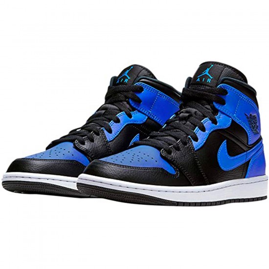 Jordan 1 Mid Hyper Royal Tumbled Leather 554724-077 Sort/Hyper Royal-Hvid Sko